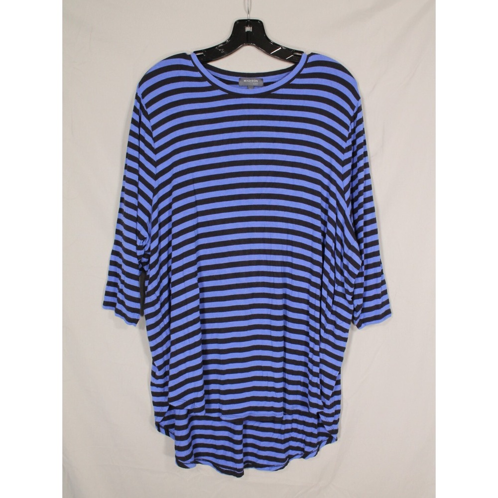 MADISON CURVY Navy/Blue STRIPES 3/4 Sleeve HIGH-LOW HEM Knit BLOUSE/TUNIC TOP 2X